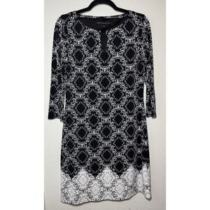 White House Black Market Midi Dress Womens Sz S Black White Print 3/4 Sleeve